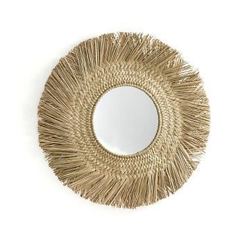 Круглое плетеное зеркало в форме солнца 102 см Loully  бежевый