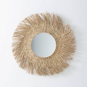 Круглое плетеное зеркало в форме солнца 70 cm Loully  бежевый